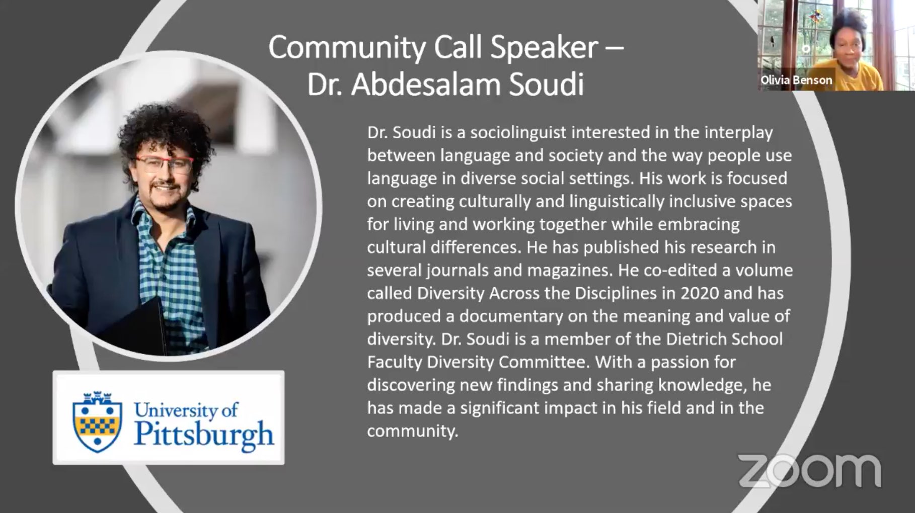 Professional bio of community call speaker